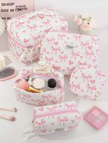 1 Bolsa de Cosméticos Grande com Estampa de Coração Rosa e Laço Acolchoada, Bolsa de Toucador Portátil com Zíper, Bolsa de Armazenamento de Maquiagem Pode Guardar Batom, Pincéis, Produtos de Cuidados com a Pele, Telefones Celulares, Moedas, Pequenos Itens, Adequada para Uso Doméstico, Viagem, Cruzeiro, Férias e Escola, Presentes de Dama de Honra de Casamento, Presentes de Aniversário, Presentes de Festival, Essenciais de Outono Universitários, Bolsa de Viagem de Férias para Mulheres, Bolsa de Maquiagem, Organizador de Maquiagem