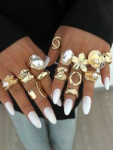 14/12/3pcs Set Asymmetrical Shaped Faux Pearl Flower, Geometric, Liquid, Round, Hollow, Multilayer Metal Textured Rings, Oversized, Chunky, Fashionable, Elegant, Vintage, Suitable For Holiday, Party, Date, Gift, Daily Wear - Yellow Gold - View 9