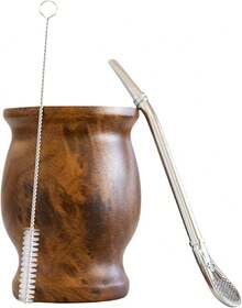 LA FEE Yerba Mate Natural Gourd/Tea Cup Set Brown (Original Traditional Mate Cup - 8 Ounces),Includes Yerba Mate Straw & Cleaning Brush,Stainless Steel |   Double-Walled |   Easy To Clean (Black) - 棕色 - 查看 2