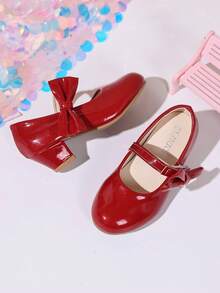 Glossy Red Kids Mary Jane High Heels, Large Bow Tie Strap Low Chunky Heel Girls Dress Shoes, Suitable For Weddings, Birthdays, Parties - Red - View 5