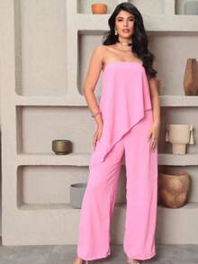 Long Asymmetrical Strapless Pantaloon Jumpsuit Spring Summer - Baby Pink - View 2