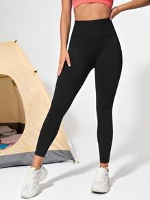 Solid Wideband Waist Sports Leggings Butt Lift - Black - View 4