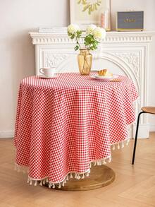 1 khăn trải bàn kẻ caro tròn màu đỏ, đường kính 59 inch, tua rua màu be, thích hợp cho dã ngoại, cắm trại, tiệc tùng, sinh nhật, đám cưới, Giáng sinh, năm mới, mọi mùa, mùa thu - Đỏ và trắng - Xem 13