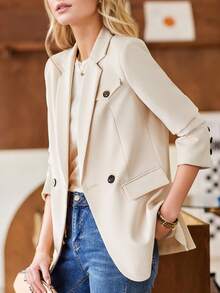 杏色女士西装外套，时尚设计，2025春秋新款休闲时尚优雅西装上衣 - 杏色 - 查看 1