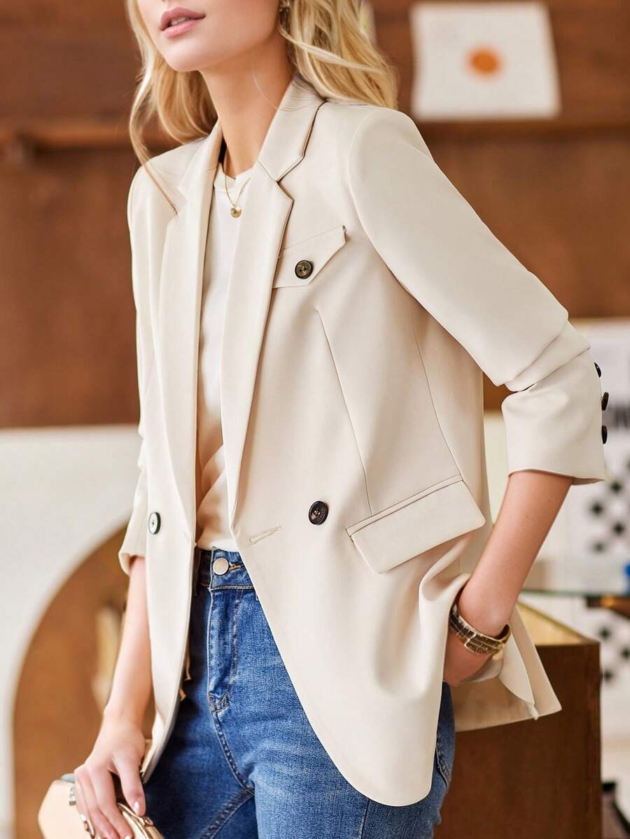 杏色女士西装外套，时尚设计，2025春秋新款休闲时尚优雅西装上衣 - 杏色 - 查看 1