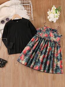 2pcs Girls Spring/Autumn Outfit, Long Sleeve T-Shirt & Floral Print Dress Set