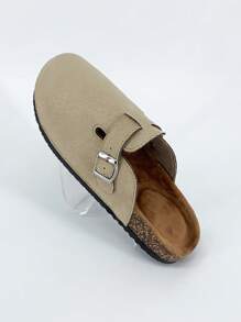 Sandalias de diapositivas de verano 2025, parte superior de cuero con diseño de hebilla, suela gruesa de corcho suave, elevada, de unicolor, simple, adecuada para exteriores, viajes, estilo casual de calle, a juego de pareja, pantuflas tipo mula sin cordones, cuero de alta calidad, cómoda, para uso interior y exterior
