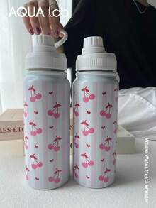 600毫升双层不锈钢杯，带二合一盖子和粉色樱桃印花 - 防漏真空保温杯，适用于办公室、学校、健身房、三重手柄设计、保温/保冷24小时、Cup Stitch、Stenly、带吸管的杯子、车载杯、水瓶、水壶、不锈钢 - 彩色 - 查看 10