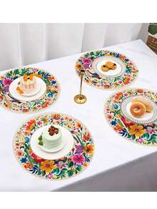 4/6 piezas Manteles individuales redondos de estilo mexicano vibrante con flores y pájaros, manteles de mesa de lino de 35 cm con flores coloridas y colibríes - perfectos para fiestas, cocina y decoración del comedor, manteles individuales vibrantes para mesa de fiesta