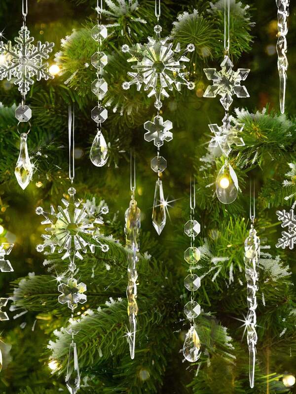 10 piezas - Adornos de árbol de Navidad de cristal transparente, adornos de Navidad de cristal para decoraciones de árbol, adornos colgantes de acrílico en forma de copo de nieve y carámbano con colgantes, adornos colgantes de acrílico en forma de copo de nieve y carámbano de cristal para decoraciones de araña de luces de maravillas invernales, suministros para fiestas de invierno, Navidad