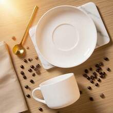 1/2 Set Ceașcă de cafea albă pură de 7oz cu farfurie și lingură, Design minimalist, Ceașcă de cafea ceramică elegantă europeană, Ceașcă de cappuccino, Ceașcă de porțelan negru, Potrivită pentru ceai, espresso, latte și mocha