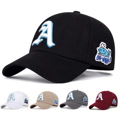1Piece Men Gothic Letter A Side Whale Embroidered Baseball Cap Outdoor Adjustable Sunscreen Leisure Hat Spring Autumn Travel Tourism Beach Vacation