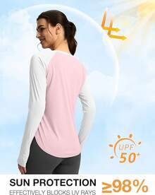 Womens Shirts UPF 50+ Lightweight Quick Dry Long Sleeve Workout Hiking Tops Outdoor - 山茱萸粉紅白 - 查看 2