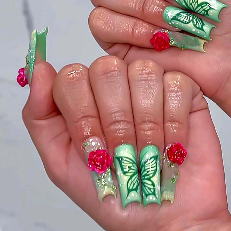 Square Press On Nails Long Fake Nails Green Sparkly Butterfly False Nails With 3D Rose Designs French Tip Nail Press Ons Glossy Acrylic Artificial Nails For Women 24Pcs - 長款-C5C47 - 查看 1