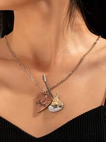 1pc Vintage Guitar Pick & Guitar Pendant Necklace, Simple Cross Versatile Necklace Jewelry - Multicolor - View 3