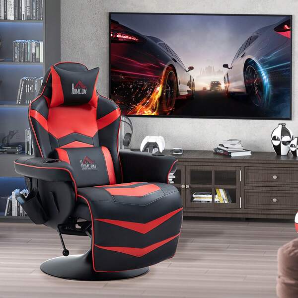  HOMCOM Sedia da Gaming Massaggiante e Reclinabile con Poggiapiedi, Portabicchieri e Cuscino, Sedia Ergonomica in Finta Pelle, Acciaio, 79.5x82.5x111.5 cm, Nero e Rosso
