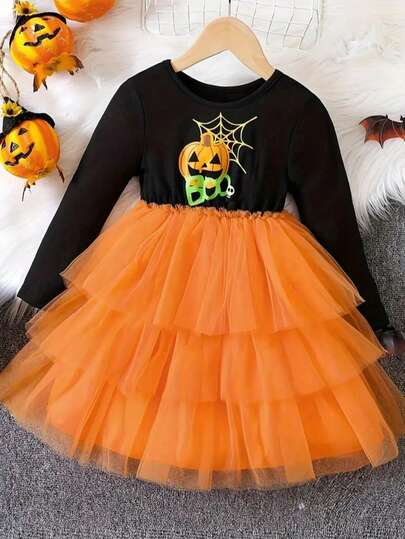 Halloween Girls Long Sleeve Puff Dress, Spider & Pumpkin Print, Autumn/Winter Holiday Halloween Dress