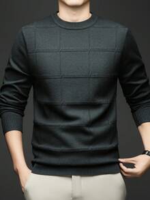 男士圆领商务休闲套头针织衫，适合秋冬季节，长袖上衣 - 墨綠色 - 查看 4