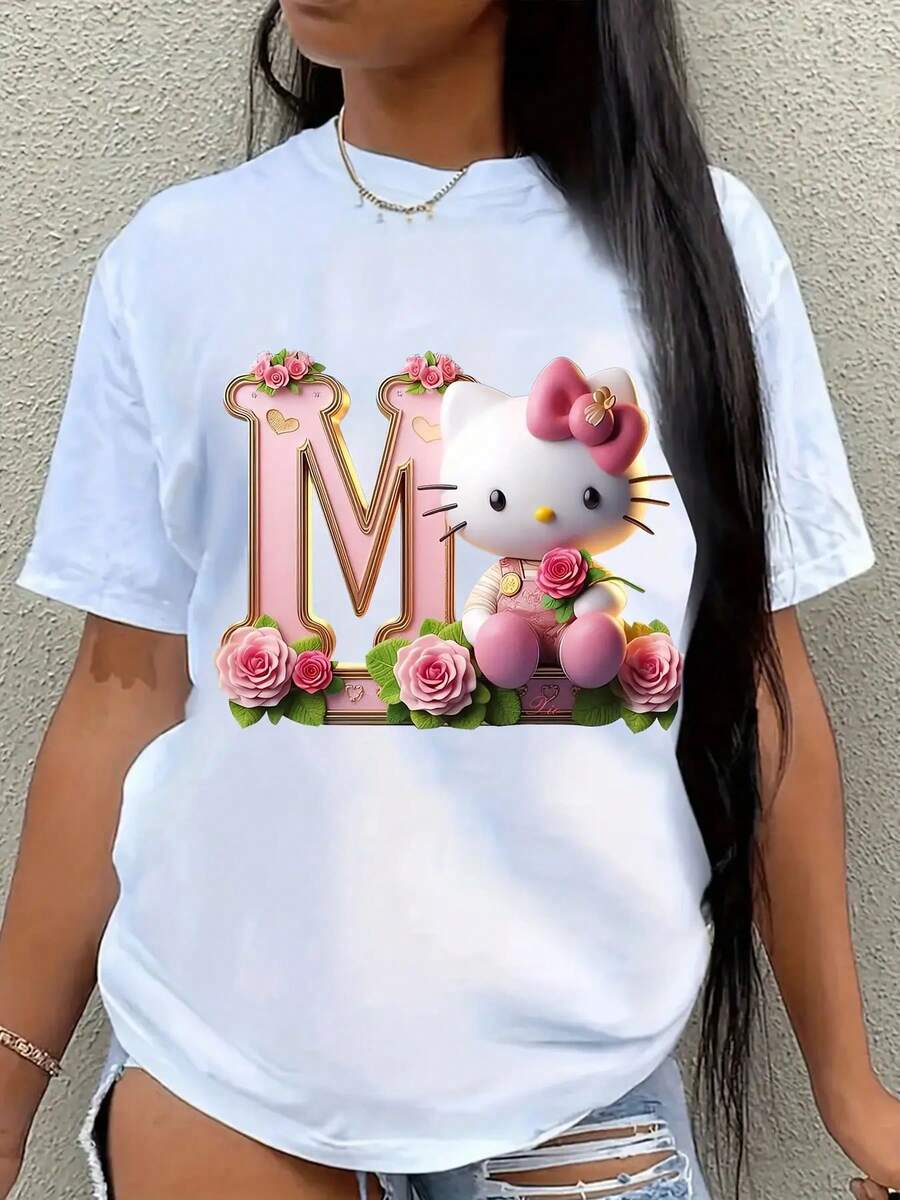 SANRIO HELLO KITTY Women's Short-Sleeved Crew Neck Casual T-Shirt With HELLO KITTY Print. Made Of Pure Cotton. Machine Washable. Suitable For All Seasons. Summer Wear. Fun, Sexy, Avant-Garde And Personalized Design. Opaque Fabric. - 白色 - 查看 1