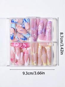 96片/盒（4种不同款式）长方形花朵法式美甲贴纸，短款亚克力美甲贴纸，全覆盖假指甲，包含1瓶果冻胶和1把指甲锉，带收纳盒，适合女性和女孩日常及派对使用