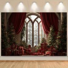 1 festliche Weihnachtsszenen Kulisse mit großen Bogenfenstern, Vorhängen, geschmücktem Weihnachtsbaum und Geschenken, geeignet für Weihnachten, Neujahrsfeiern, Urlaubsgeschenke, Hochzeiten, Geburtstage, Jahrestage, Familienfeiern, Themenpartys, Schlafzimmer, Wohnzimmer, Terrasse und Outdoor-Dekorationen, Studioprops, Eventdekorationen
