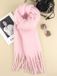 1 Piece Women Solid Color Women Scarf, Mohair Tassel Scarf, Winter Collegiate Style Warm Neck Scarf, Thick Knitted Tassel Shawl, Women Scarf In A Simple Style, Suitable For Outdoor Activities And Commuting. For Dress - Baby Pink - View 5