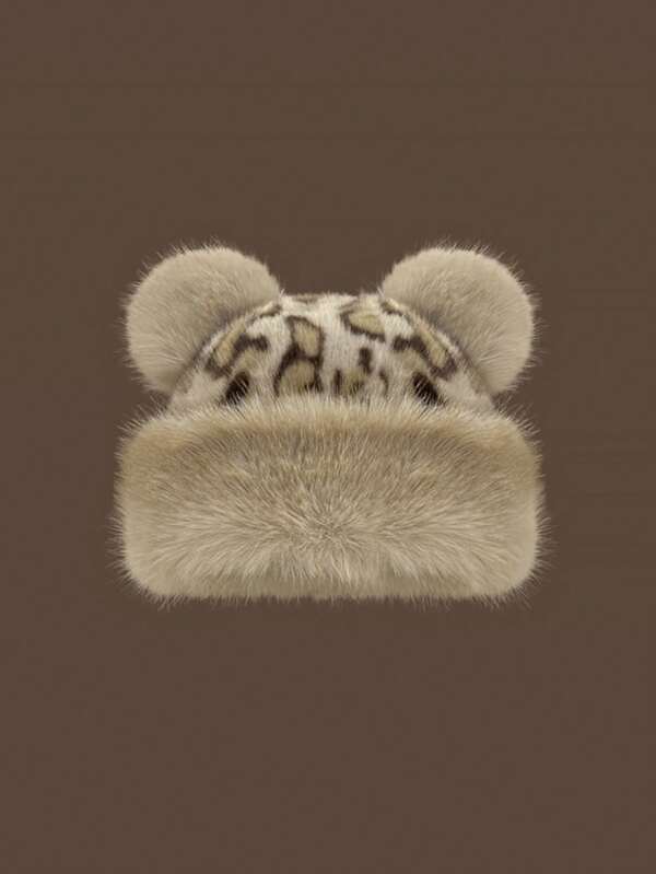 1pc Atmosphere Leopard Print Plush Bear Ears Mongolian Hat Women Winter/Halloween Fluffy Faux Fur Warm Ear Protection Basin Hat