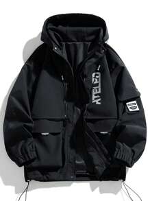 男士长袖连帽户外休闲外套，秋冬季 - 黑色 - 查看 1