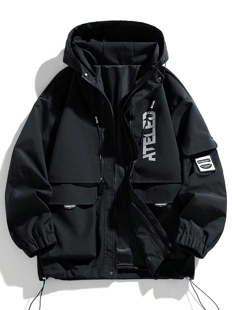 男士长袖连帽户外休闲外套，秋冬季 - 黑色 - 查看 1