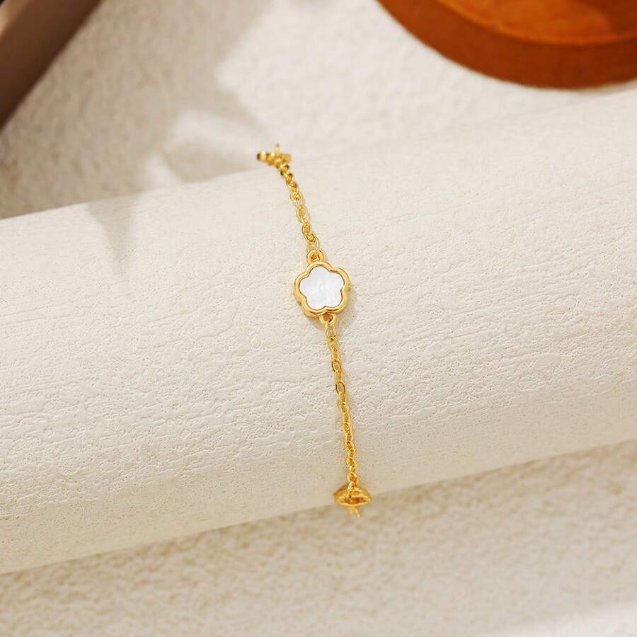 1件18K镀金铜白色珍珠母贝四叶草花云天然贝壳锆石手链 - 手鍊 - 查看 1