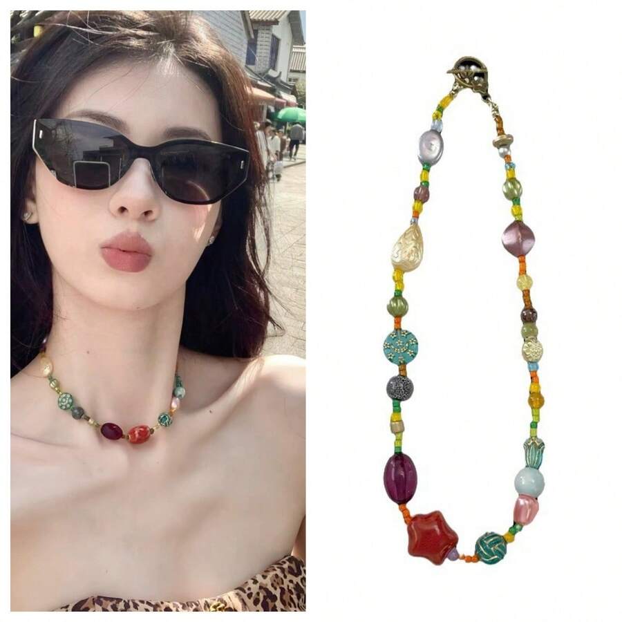Colorful Glass Beaded Star Necklace -  Dopamine New Chinese Retro, 2025  Unique Collar Chain, Elegant Neck Jewelry For Women's Party Daily Looks - 多巴胺串珠星星項鍊 - 查看 1