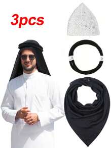 3-Piece Set Arabic Men's Headscarf, Middle East Dubai Shawl Scarf, Includes 1 Solid Bohemian Polyester Headband And 1 Hand-Knitted White Cap, Boho Style, Suitable For Middle East Travel/Arabic Outfit/Bohemian Fashion