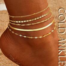Gold Ankle Bracelets For Women, 14k Gold Plated Waterproof Cuban Link Chain Anklets Set, Layered Anklet Bracelets For Women Beach Gift Adjustable Size 5pc - Style03-金色 - 查看 1