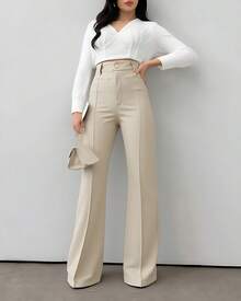 Liu Fashion Women's Wide Leg Pants With Fake Pocket, Formal And Elegant - Màu be - Xem 2