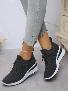 Fall/Winter Women's New Sports Style Lace-Up Rhinestone Outdoor Wedge Thick Bottom Casual Sneakers, Breathable Comfortable Running Shoes, Outdoor Travel Shoes, Suitable For All Seasons - Black - View 3