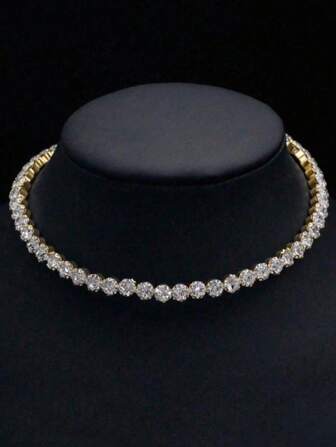 1pc Fashionable Elegant Full Diamond Bridal Jewelry, Shiny Single-Row Rhinestone Choker Necklace For Women
