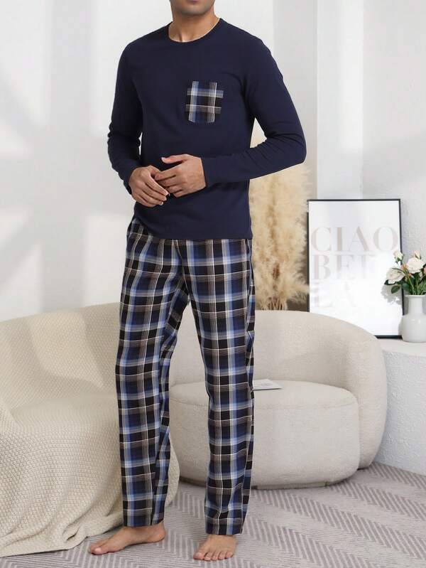 Men's Plaid Print Crew Neck Long Sleeve Top And Pants 2 Pieces Pajama Set, Casual And Comfortable Loungewear For Spring And Autumn