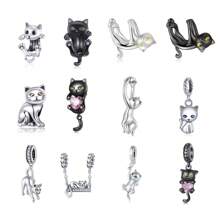 WOSTU WOSTU 1 buc 925 Sterling Silver Cat Beads Cat Black Cat Drăguț Kitty Animals Pendant Pink Heart Shape CZ Charms Pentru Brățară DIY Colier Fine Jewelry Accessories