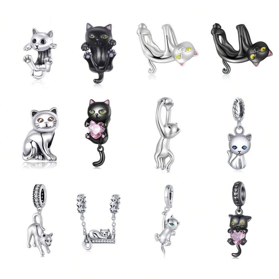 WOSTU WOSTU 1 buc 925 Sterling Silver Cat Beads Cat Black Cat Drăguț Kitty Animals Pendant Pink Heart Shape CZ Charms Pentru Brățară DIY Colier Fine Jewelry Accessories
