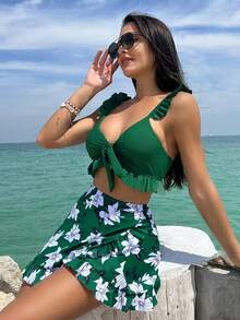 Floral Bikini Set With Ruffles And Beach Skirt, Perfect For Summer - màu xanh lá - Xem 1