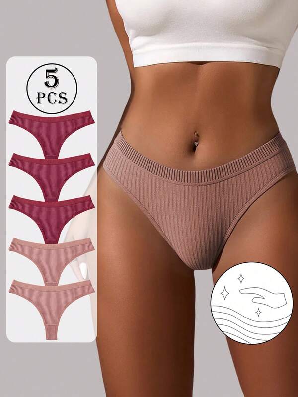 5pcs Women G-String Sexy Thongs High Elastic Panties Seamless Knickers Soft Underpants Solid Color Underwear Low-Waist Panty Simple Lingerie