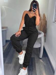 Black 2025 New Women's Commuting Elastic Waist Loose Casual Elegant Pocket Y2K Street Work Pants Suit Jumpsuit, Airport Wear, Clubs, Birthday Parties, Halloween, New Year, Thanksgiving, Going Out, Beach, Vacation, Country Concert Outfit, Teacher, Spring, Summer And Autumn