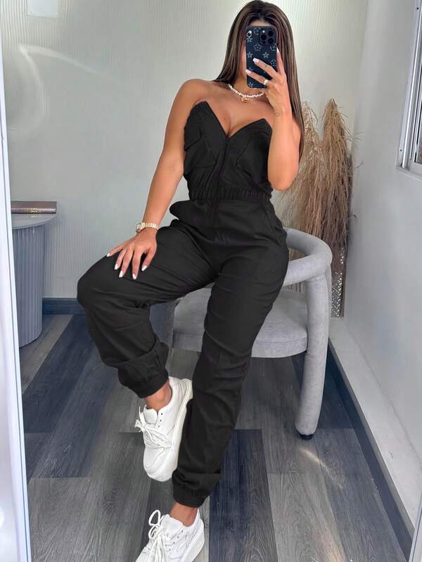 Black 2025 New Women's Commuting Elastic Waist Loose Casual Elegant Pocket Y2K Street Work Pants Suit Jumpsuit, Airport Wear, Clubs, Birthday Parties, Halloween, New Year, Thanksgiving, Going Out, Beach, Country Concert Outfit, Teacher, Spring, Summer And Autumn