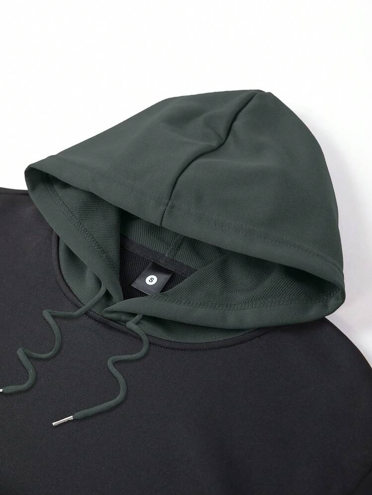 男士薄款未来字母和椰子树印花撞色连帽衫和抽绳腰带裤套装，时尚休闲运动套装，带口袋，适合凉爽的春秋季天气 - 黑色 - 查看 3