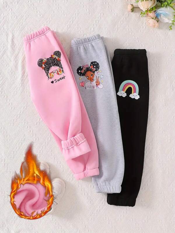 3 pièces Pantalons doublés confortables pour filles, imprimé animal, tissu polaire doux en tricot, vêtements d'hiver décontractés, rose, gris et noir, légèrement extensibles, lavables en machine, mélange de polyester, convenant aux filles en automne/hiver, vêtements pour filles, parfaits pour le jogging en extérieur, tenue de sport longue ajustée, convenant aux filles de 12 ans et moins