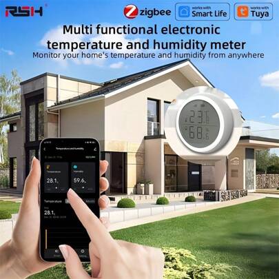RSH Tuya ZigBee Smart Temperature And Humidity Sensor With LED Screen Display, Compatible With Alexa Assistant Voice Control, Tuya Smart Or Smart Life APP Home Automation Settings, Suitable For Rooms, Offices, Warehouses, Bedroom, Ete(Zigbee Version Need Zigbee Hub Or Gateway!!!)