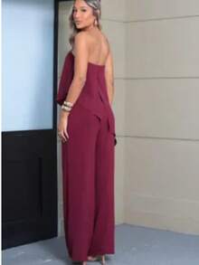 Long Asymmetrical Strapless Pantaloon Jumpsuit Spring Summer - 酒紅色 - 查看 2
