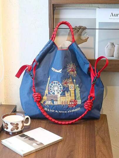 1pc New Casual Embroidered City Fireworks Pattern Nylon Large Capacity Lightweight Tote Bag, Suitable For Commuting, Shopping, Party, Shoulder & Crossbody Bag With Strap