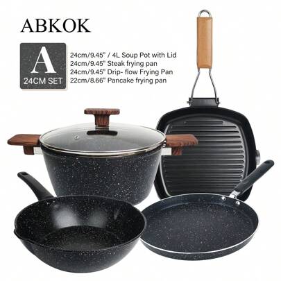 ABKOK 1pc/4pcs Cookware Set‌ 1-2 Person Nonstick Stockpot & Fry Pan Bundle | Small Size For Solo Cooking, Single Pans And Cookware Sets Are Sold Individually