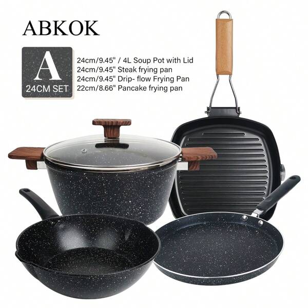 ABKOK 1pc/4pcs Cookware Set‌ 1-2 Person Nonstick Stockpot & Fry Pan Bundle | Small Size For Solo Cooking, Single Pans And Cookware Sets Are Sold Individually